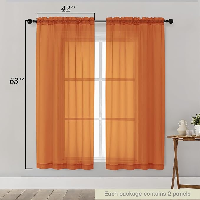 Sheer Orange Curtains for Bedroom Living Room 63 Inch Length 2 Panels, Airy - Image 2
