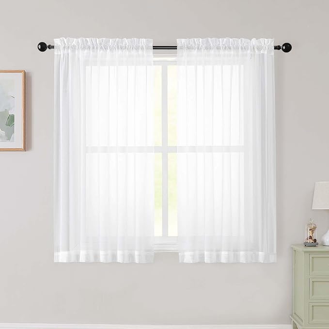 White Sheer Curtains for Bedroom Living Room 45 Inch Length 2 Panels, Soft Airy by WelvetBLK
