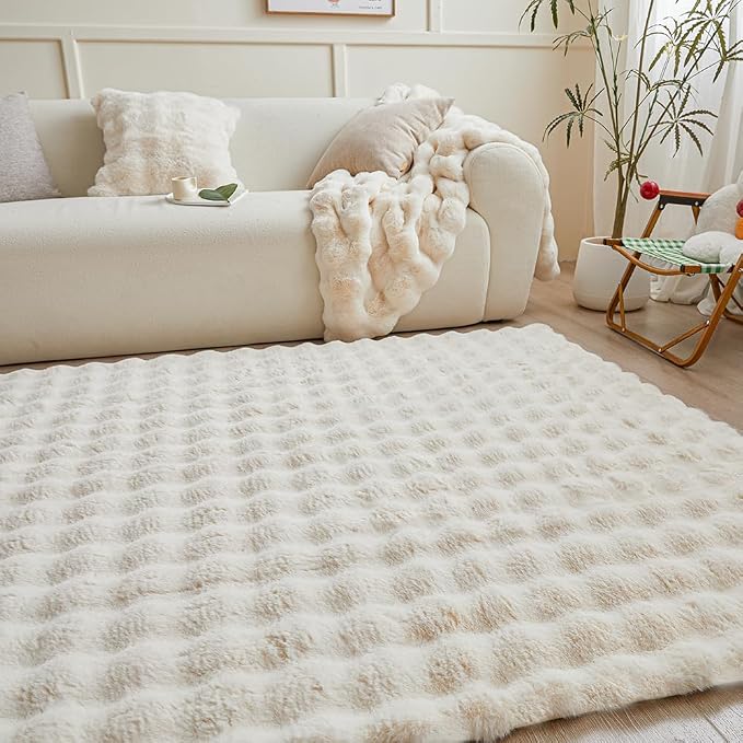 Creamy White Rabbit Plush Rug 5'x8', Fluffy Faux Fur Shaggy Area Rug - Image 4