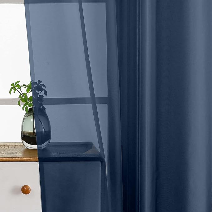 Navy Blue Small Sheer Curtains Tier 24 Inches Length 2 Pieces, Light Filtering - Image 4