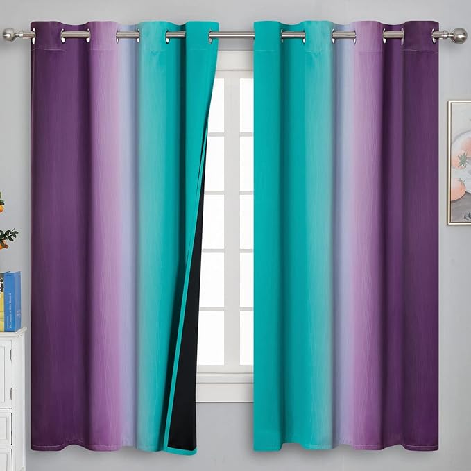 Teal and Purple Gradient Curtains 63 Inch Length 2 panels, Ombre and Wavy Line by ESTELARTEXTILER