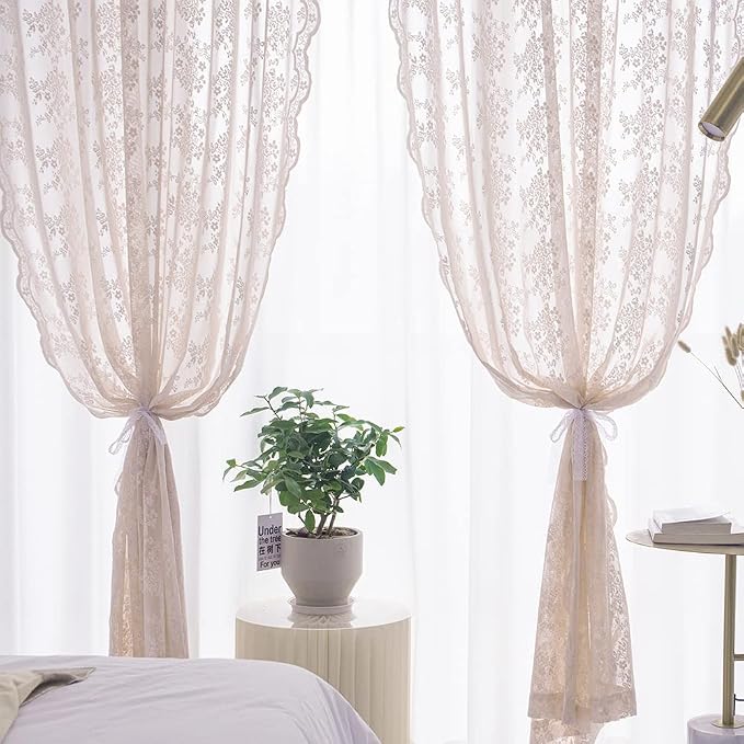 YJ YANJUN Vintage Lace Curtains 72 inchLength Romantic Flowers Sheer Pink Lacy - Image 5