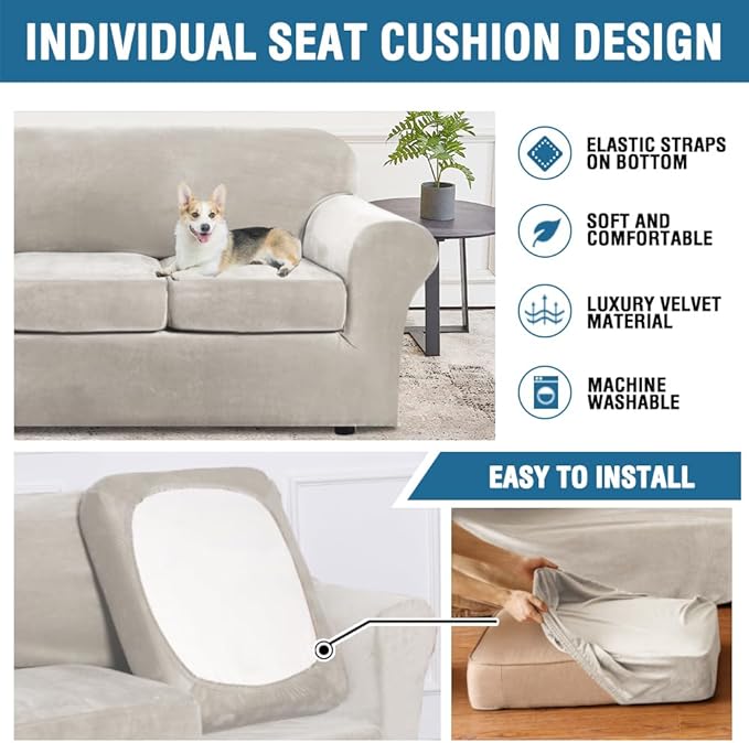 H.VERSAILTEX Modern Velvet Plush 4 Piece High Stretch Sofa Slipcover Sofa Cover - Image 6