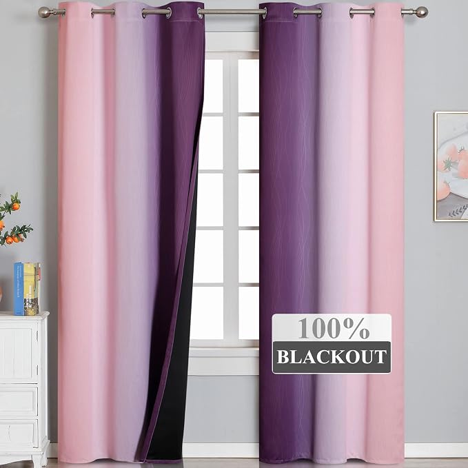 Ombre Pink and Purple Blackout Curtains 84 Inches Long, Full Room Darkening - Image 2