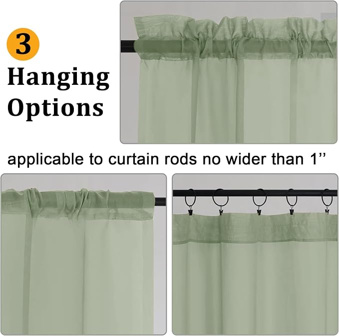 Gwine Sheer Sage Green Curtains 96 Inches Long 2 Panels Set, Light Filtering - Image 3