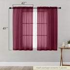 Burgundy Sheer Curtains for Bedroom Living Room 45 Inch Length 2 Panels - Image 2