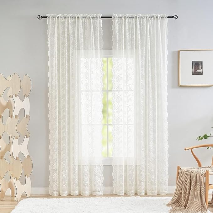 YJ YANJUN Vintage Lace Curtains 80 Inch Length Victorian Floral Cream Sheer by YJYANJUN