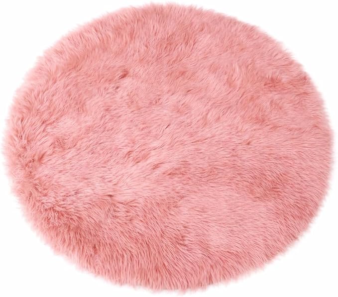 Goolela Pink Circle Rug 4ft for Girls Bedroom Round Fuzzy Fluffy Faux Fur by Goolela