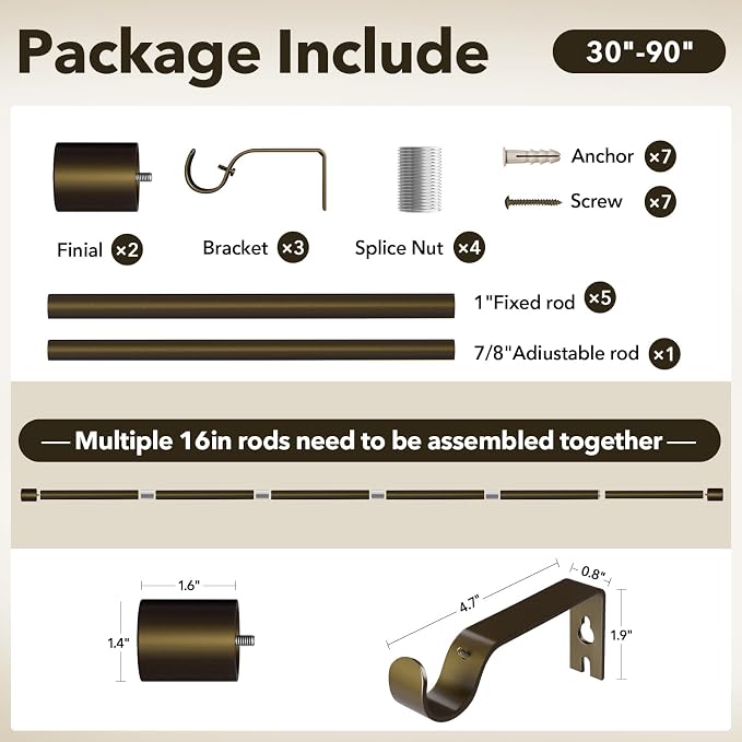 IFELS Heavy Duty Curtain Rods for Windows 48 to 84 Inch, 1 Inch Bronze Curtain - Image 7