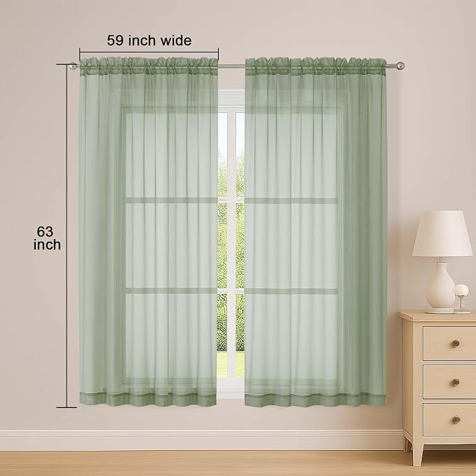 OWENIE Sheer Sage Green Curtains, Sheer Curtains 63 inch Length 2 Panels Set - Image 5