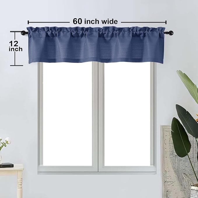 OWENIE Bob 1 PCS Blue Valances for Windows, Faux Linen Textured Kitchen Window - Image 2
