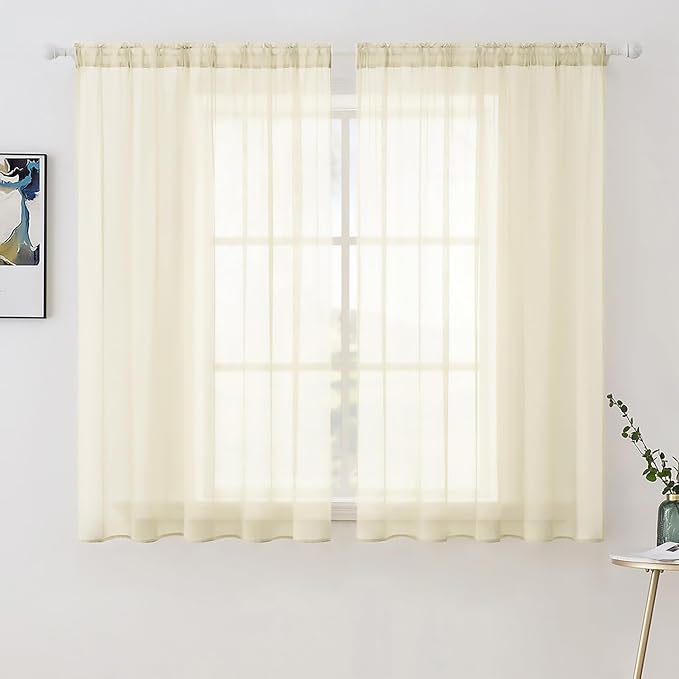 MIULEE Short Sheer Curtains 45 Inches Long, Light Cream Light Filtering Voile by MIULEE