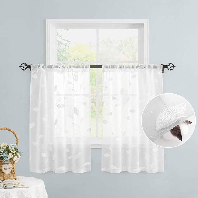 HOMEIDEAS White Sheer Kitchen Curtains 30 X 24 Inch Length 2 Panels Embroidered by HOMEIDEAS