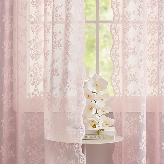 YJ YANJUN Vintage Lace Curtains Cute Pink Floral Cafe Curtains 45 inch Length 2 - Image 3
