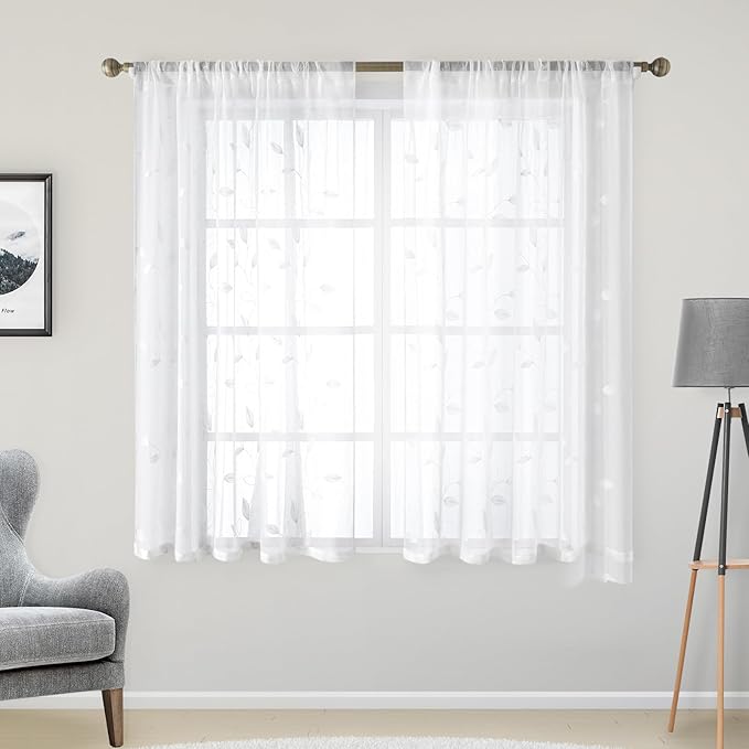 HOMEIDEAS White Sheer Kitchen Curtains 52 x 45 Inch Length 2 Panels Embroidered by HOMEIDEAS