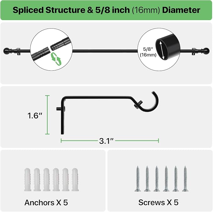 Curtain Rods for Windows 28 to 48 inch, 5/8 inch Black Curtain Rod Set - Image 3