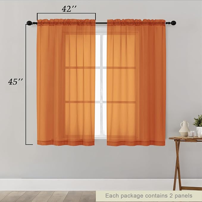 Orange Sheer Curtains for Bedroom Living Room 45 Inch Length 2 Panels, Soft - Image 2