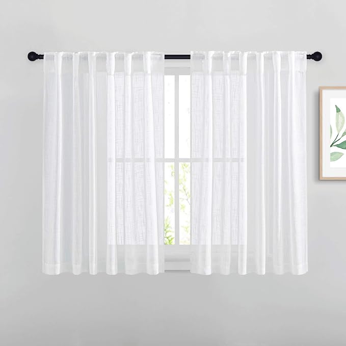 NICETOWN White Short Sheer Kitchen Curtains 45 inches Length, Linen Look Rod by NICETOWN