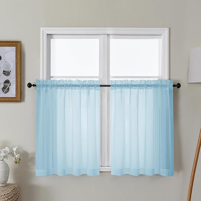 Gwine Sky Blue Sheer Curtains 30 Inch Length, Short Light Filtering Voile Small by Gwine