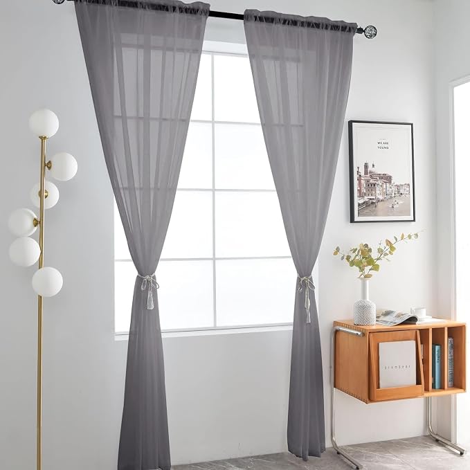 SpaceDresser Grey Sheer Curtains 4 Panels Rod Pocket Semi-Sheer Curtain 63 - Image 3