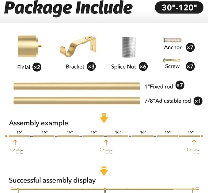 GEEBOBO Gold Curtain Rods for Windows 66 to 120 Inch, 1 Inch Adjustable Heavy - Image 6