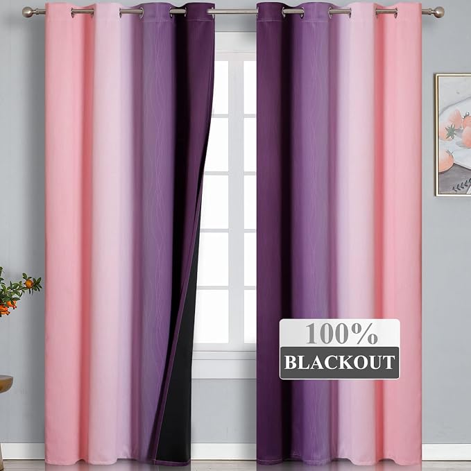 Ombre Pink and Purple Blackout Curtains 84 Inches Long, Full Room Darkening - Image 2