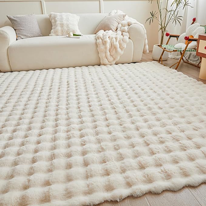 Creamy White Rabbit Plush Rug 6'x9', Fluffy Faux Fur Shaggy Area Rug - Image 4
