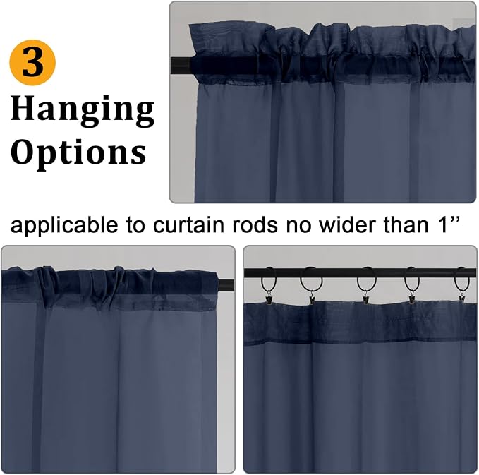 Gwine Navy Blue Sheer Curtains 90 Inches Long 2 Panels Set, Light Filtering - Image 3