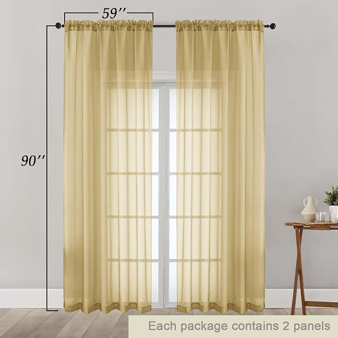 Gold Sheer Curtains 90 Inches Long 2 Panels Set - Image 2