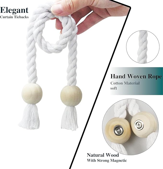4 Pack Magnetic Curtain Tiebacks Cotton Hand Woven Tie Back Decorative Rope - Image 2