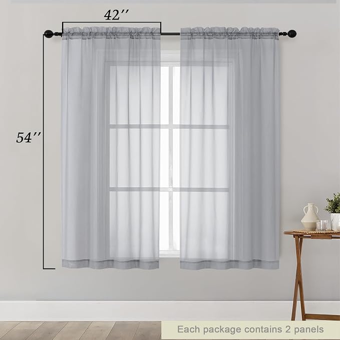Sheer Light Grey Curtains for Bedroom Living Room 54 Inch Length 2 Panels Set - Image 2