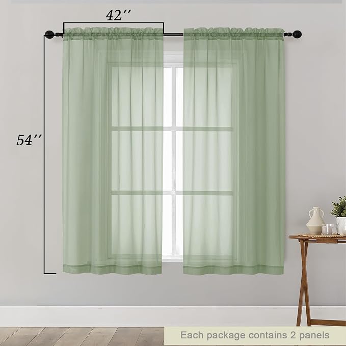 Sheer Sage Green Curtains for Bedroom Living Room 54 Inch Length 2 Panels Set - Image 2