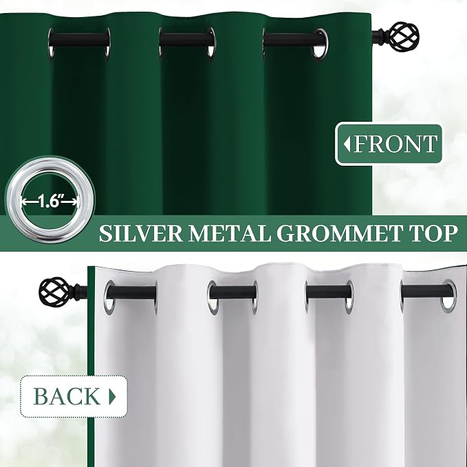Yakamok 100% Blackout Curtains Dark Green Room Darkening Thermal Insulated - Image 3