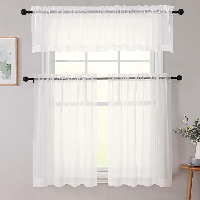 Ivory Kitchen Curtains 30 Inch Length Tier 2 PCS, Solid Soft Airy Half Curtains - Image 8