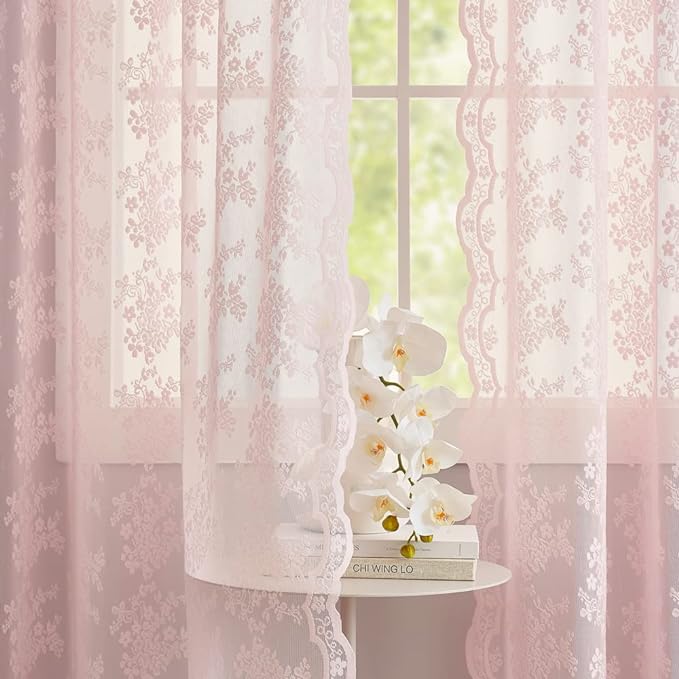 YJ YANJUN Vintage Lace Curtains 84 Inches Long- Pretty Pastel Floral Pink Sheer by YJYANJUN