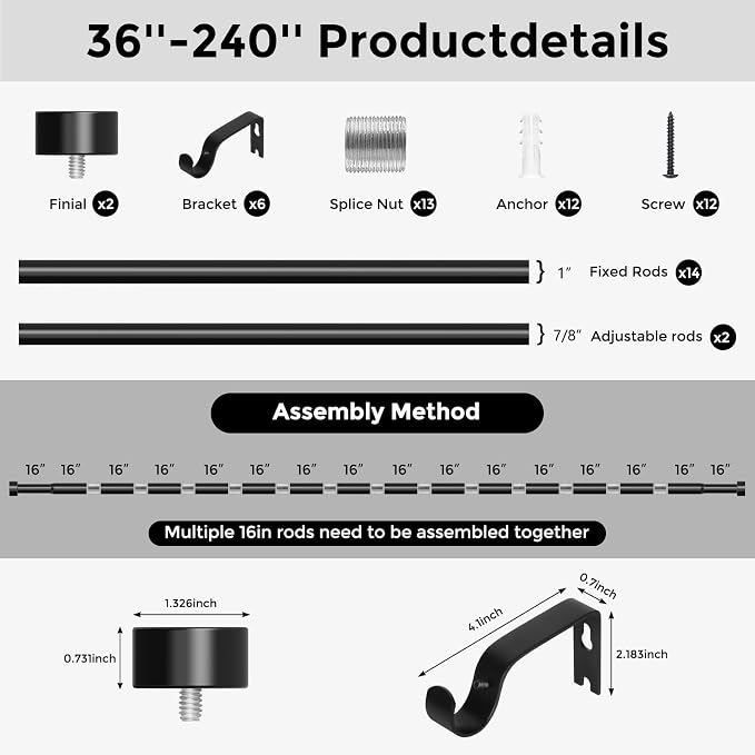 Black Curtain Rods for Windows 170 to 240 Inch, extra long drapery rod for - Image 8