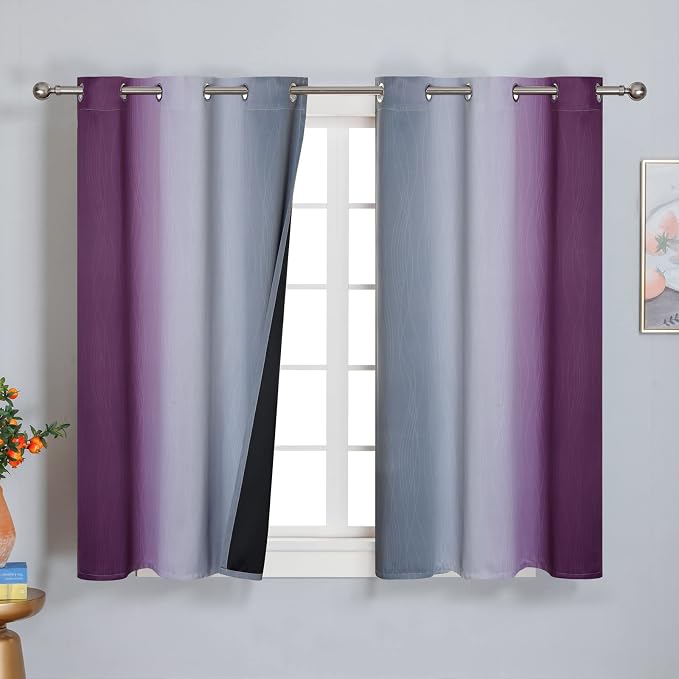 Purple and Grey Blackout Curtains 45 Inches Long, Ombre and Wavy Line Pattern by ESTELARTEXTILER