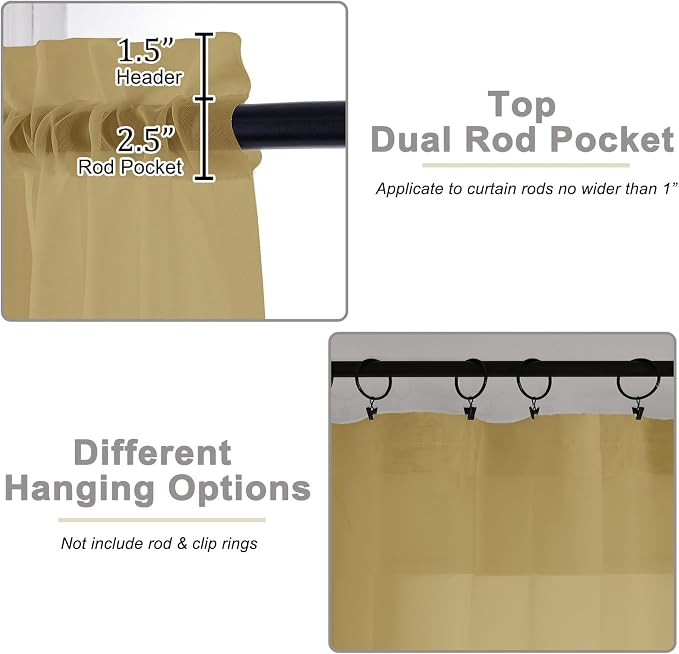 Gold Sheer Curtains 90 Inches Long 2 Panels Set - Image 4