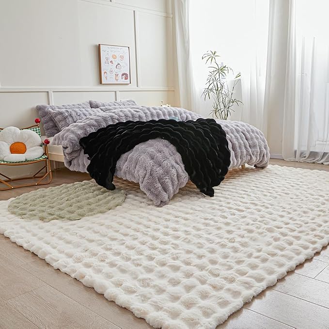 Creamy White Rabbit Plush Rug 6'x9', Fluffy Faux Fur Shaggy Area Rug - Image 5