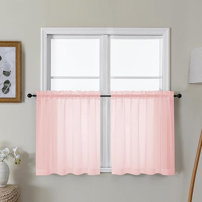 Gwine Blush Pink Sheer Curtain Tiers 24 Inch Length, Light Filtering Voile by Gwine