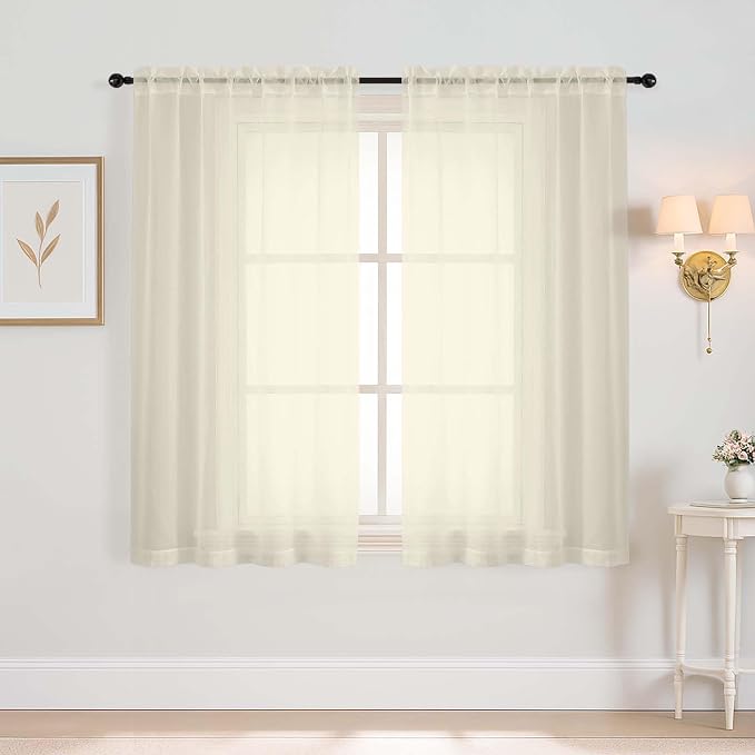 Cream Window Sheer Curtains 45 Inches Length, Voile Short Curtains by Home