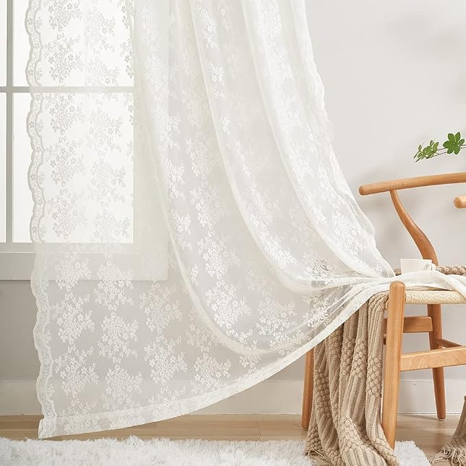 YJ YANJUN Vintage Lace Curtains 72 Inches Long- Antique Flowers Ivory Sheer - Image 4