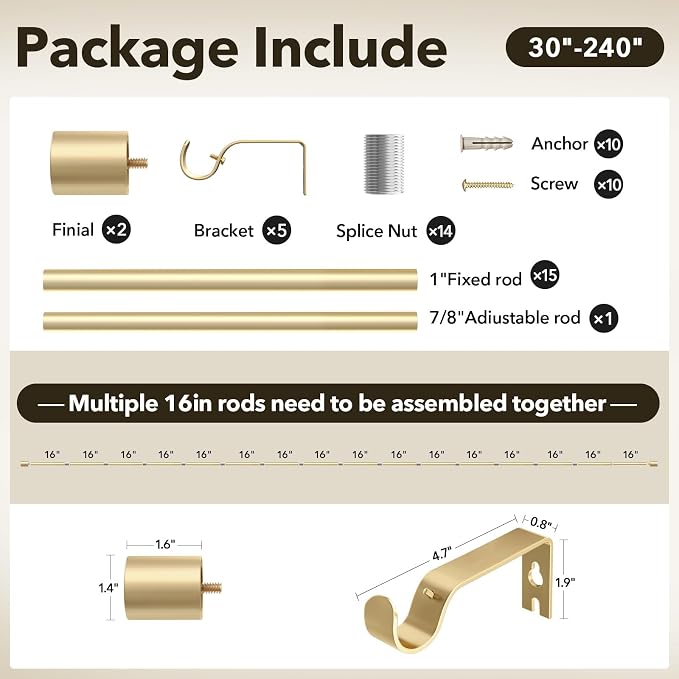 Extra Long Curtain Rods for Windows 32 to 240 Inch, 1 Inch Gold Heavy Duty - Image 7