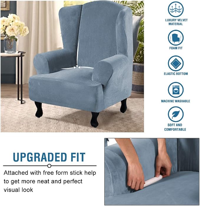 H.VERSAILTEX Wingback Chair Covers Velvet Plush Wing Chair Slipcover 1 Piece - Image 4