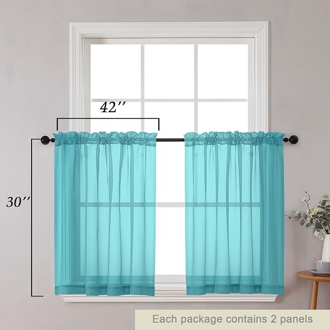 Turquoise Kitchen Curtains 30 Inch Length Tier 2 PCS, Solid Soft Half Curtains - Image 2