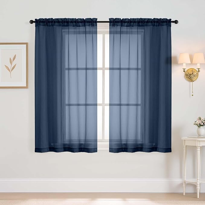 Navy Blue Window Sheer Curtains 45 Inches Length, Voile Short Curtains by Home
