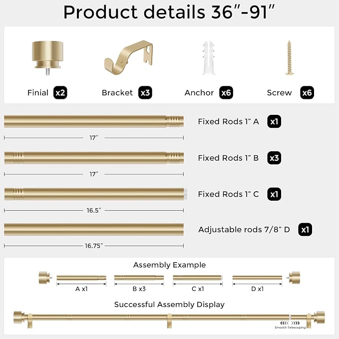 Modern Gold Curtain Rods for Windows 48 to 84 Inch, Decorative Drapery Rods for - Image 5