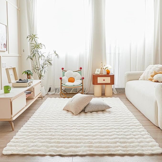 Creamy White Rabbit Plush Rug 5'x8', Fluffy Faux Fur Shaggy Area Rug by CHOVY