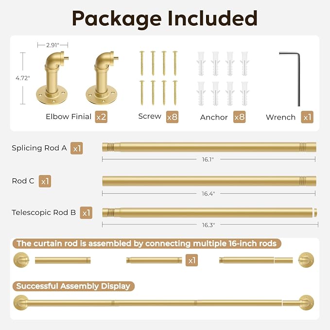 Zeerobee Curtain Rods for Windows 32 to 48, 1 Inch Industrial Wrap Around Gold - Image 7