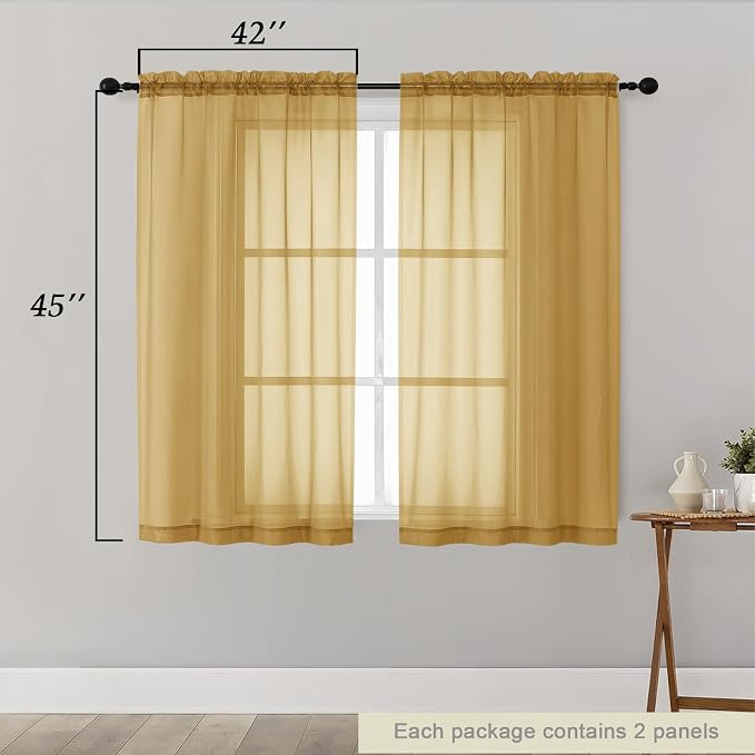 Gold Sheer Curtains for Bedroom Living Room 45 Inch Length 2 Panels, Soft Airy - Image 2